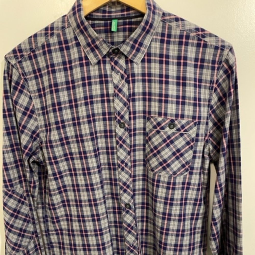 United Colors of Benetton Men's Slim Fit Plaid Long Sleeve Shirt - Large